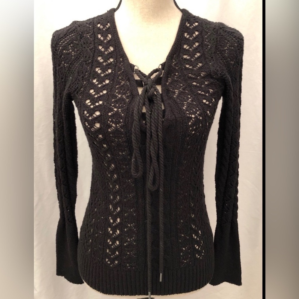 Free People Ginger Lace Up Pointelle Knit Black Sweater Size XS Goth Whimsy